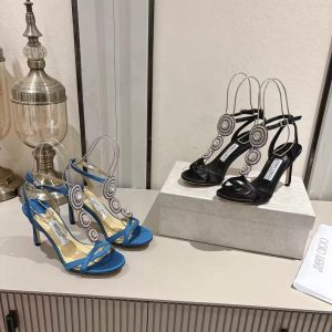 Jimmy Choo's new ladies' fashion crystal diamond ingot string one-strap versatile leather sandals