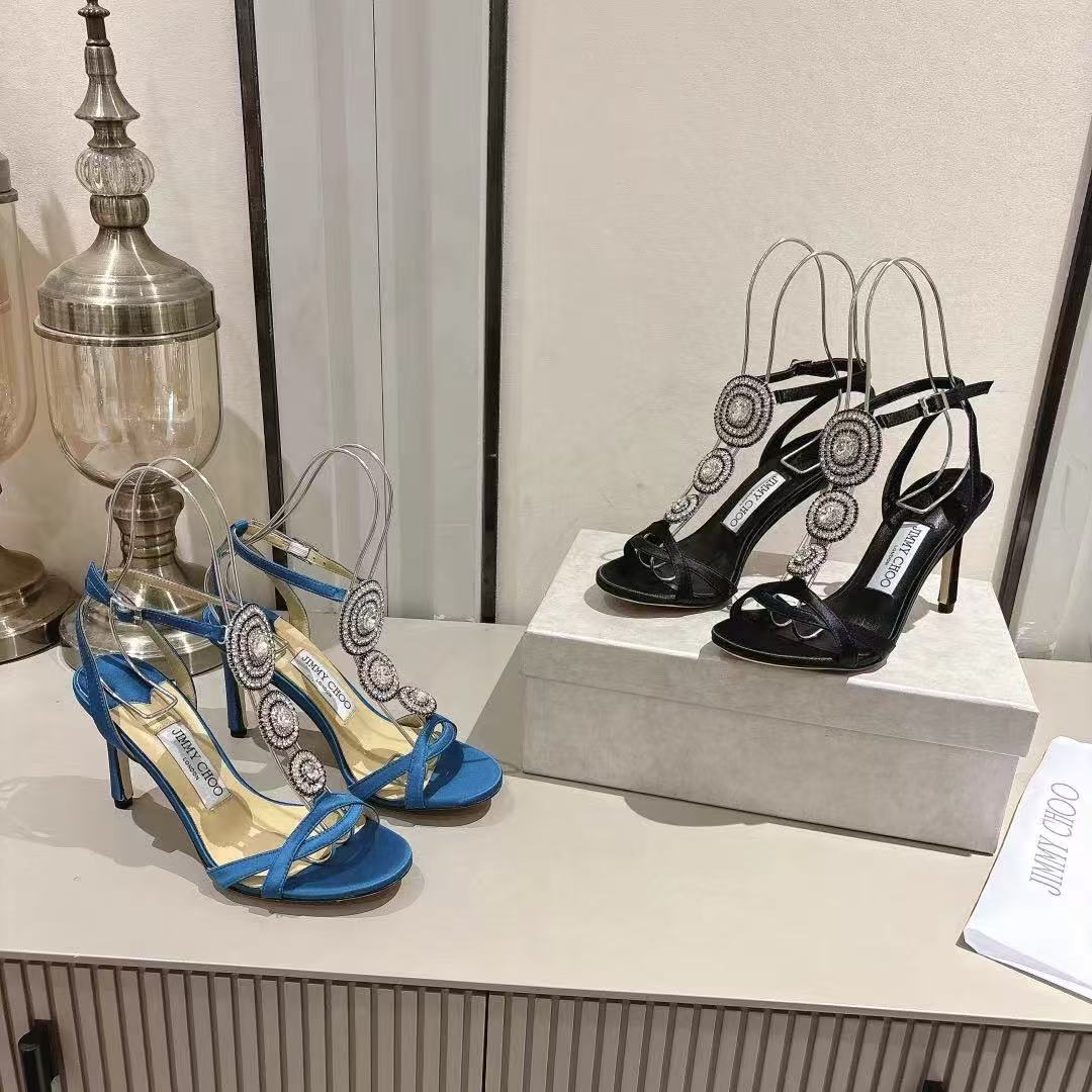 Jimmy Choo's new ladies' fashion crystal diamond ingot string one-strap versatile leather sandals