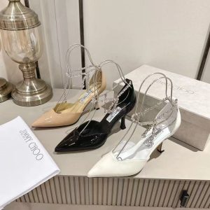 Jimmy Choo new women's fashion kitten heel with hanging buckle fork triangle rhinestone strap genuine leather sandals