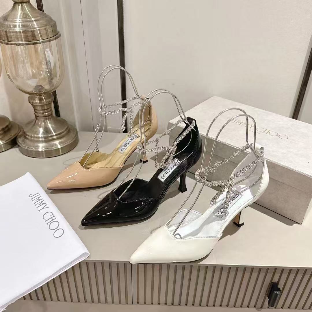 Jimmy Choo new women's fashion kitten heel with hanging buckle fork triangle rhinestone strap genuine leather sandals