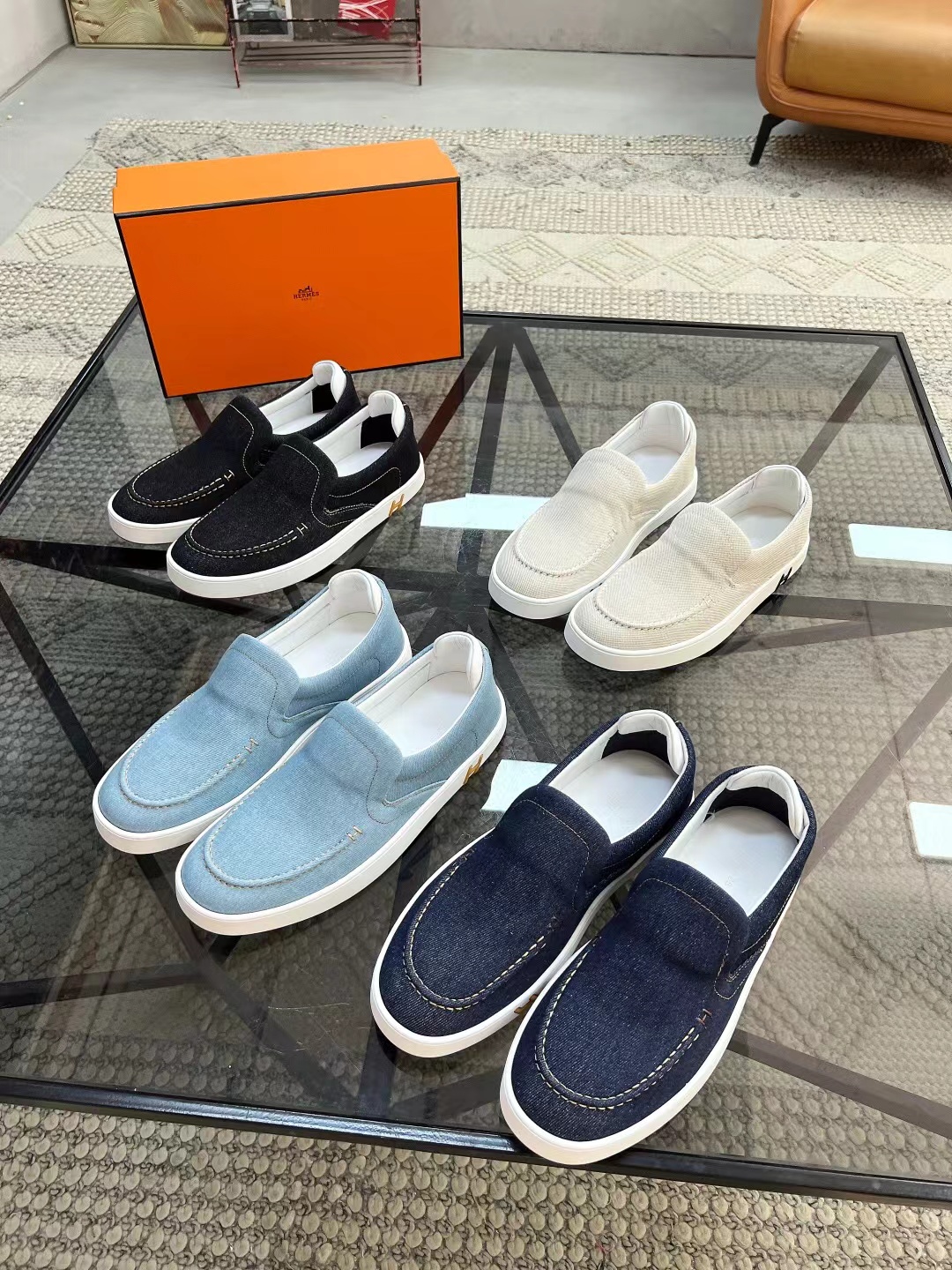 Hermes new fashion trend men's denim deerskin casual shoes