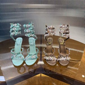 ReneCaoviia Women's Butterfly Flower Rhinestone Satin Mid-Heel Chunky Heel Sandals Slippers