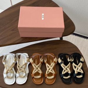 Miu Miu summer new fashion versatile ladies knot flat beach sandals genuine leather slippers