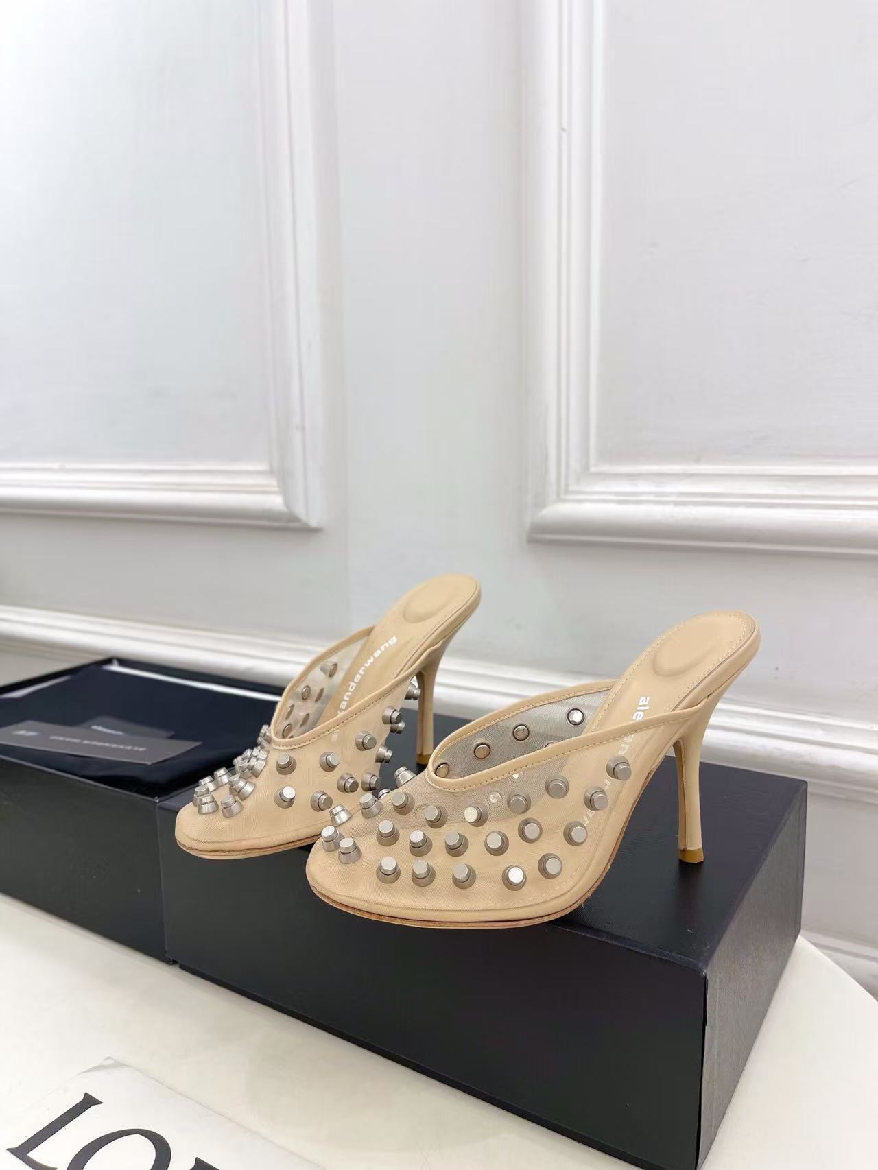 Alexander King's new fashion all-match ladies' rhinestone mesh high-heeled closed-toe slippers