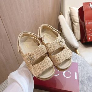 Gucci's new fashion cotton crocheted fabric Velcro casual versatile flat sandals