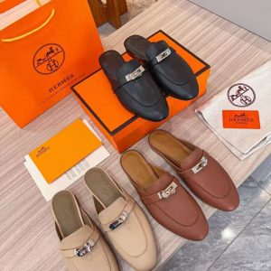 Hermes new ladies' fashion trend genuine leather all-match casual half slippers
