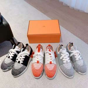 Hermes new men's and women's couple's knitted lace-up genuine leather outsole fashion sports casual shoes