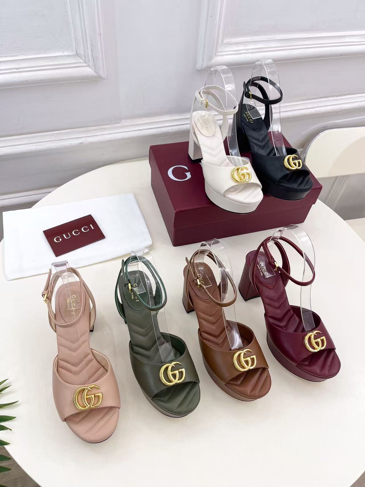 Gucci new ladies' fashion trend all-match genuine leather casual high-heeled sandals