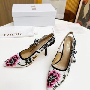 Dior new women's trendy and fashionable all-match genuine leather fashion jacquard embroidery ribbon high heels