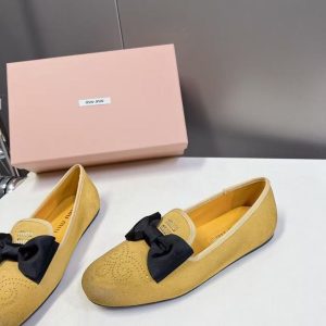 New Miu Miu women's style versatile comfortable breathable leather lining bow trendy ballet retro shoes