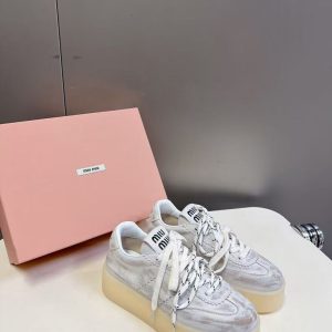 New Miu Miu women's style versatile lining comfortable breathable leather retro design trendy casual sports shoes
