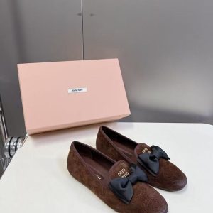 New Miu Miu women's style versatile comfortable breathable leather lining bow trendy ballet retro shoes